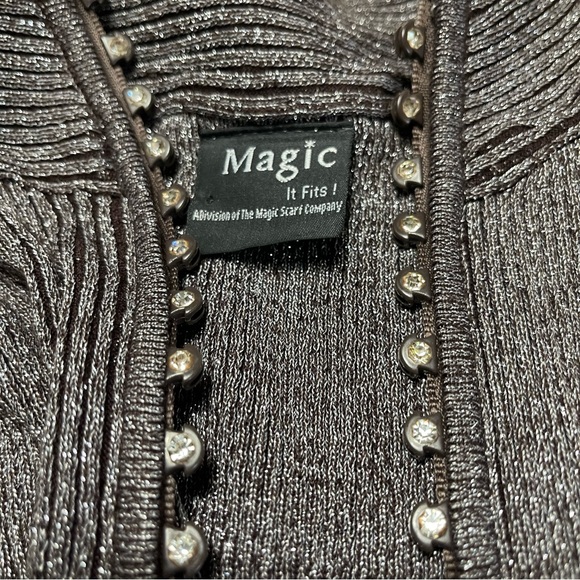 Metallic Jeweled Zipper Gray Stretchy Mock Turtleneck by Magic Scarf Co - Picture 4 of 4